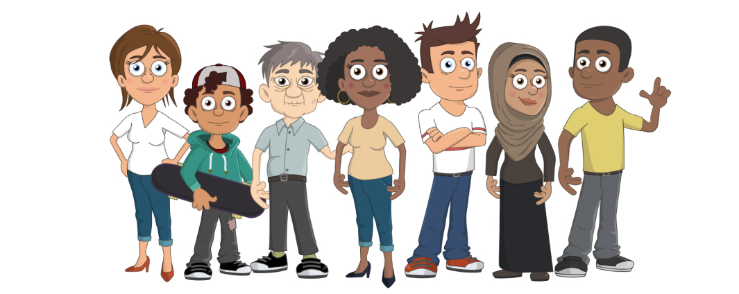 Cartoon illustration of a diverse group of people standing together.