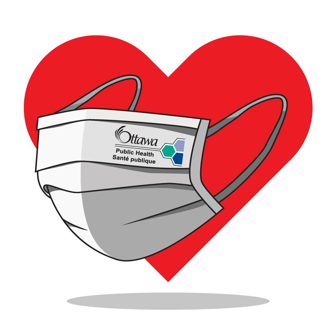 Image of a red heart and a mask with OPH logo on it 