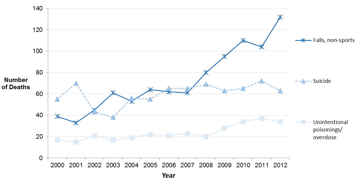Line chart presenting the number of deaths for the top three leading causes of injury deaths for Ottawa residents, all ages, from 2000 to 2012.