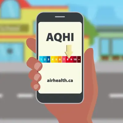 Image of a hand holding a cellphone with the AQHI index on the screen
