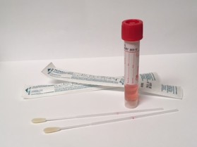 A viral swab containing pink universal transport media