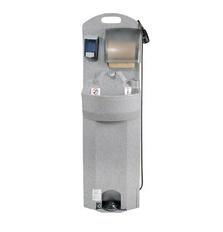 Station de lavage des mains munie d’une pompe à pied permettant d’actionner l’écoulement de l’eau sans contact manuel, avec savon liquide et essuie-mains à usage unique.
