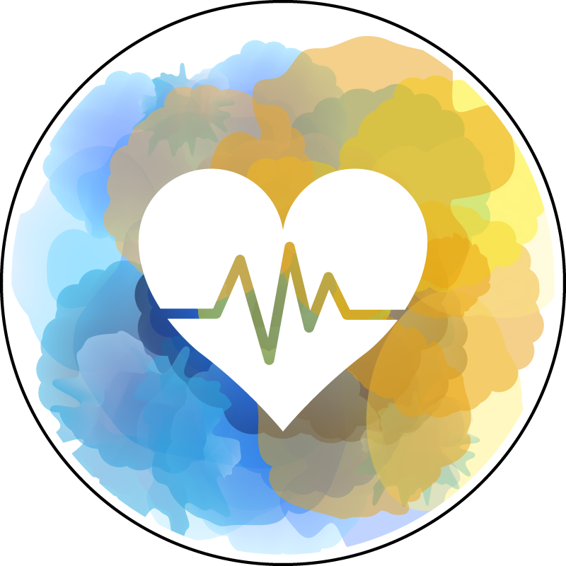 Watercoloured blue and yellow background and white hart with a heartbeat wave line in it.