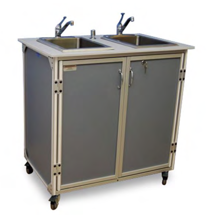 Image of a portable two-compartment sink on wheels