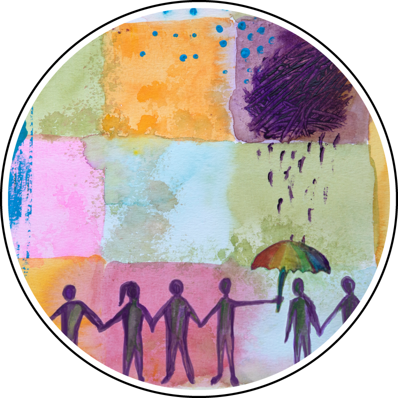 A quilt like pattern of watercolours with humans below holding hands one of them is holding an umbrella while it is raining